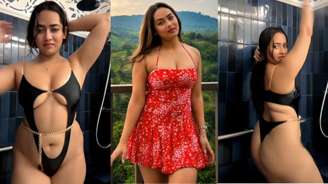 Busty influencer Divya Mistry teases in a wet black bikini, showing off her perfect tits and ass
